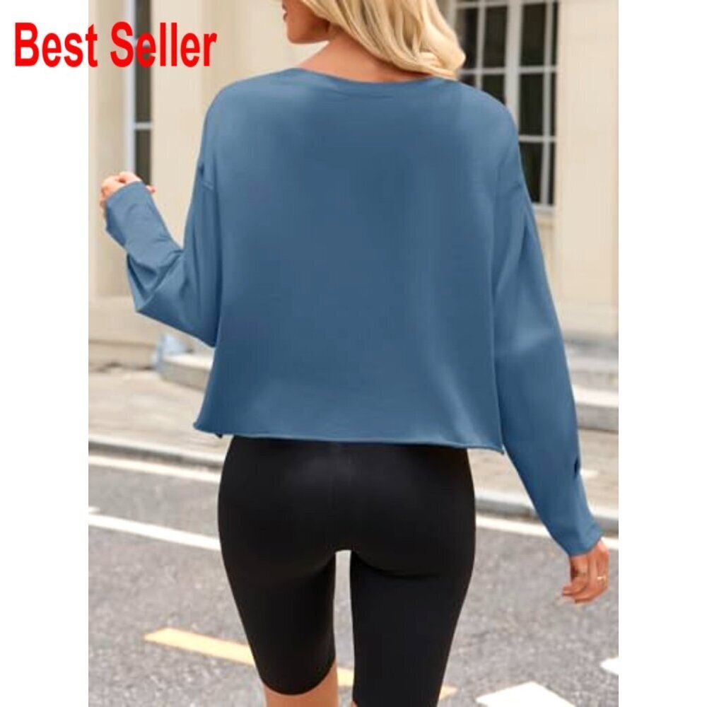 Long Sleeve Crop Top Loose Fit Crew Neck Athletic Workout Tee Shirt - Picture 5 of 7
